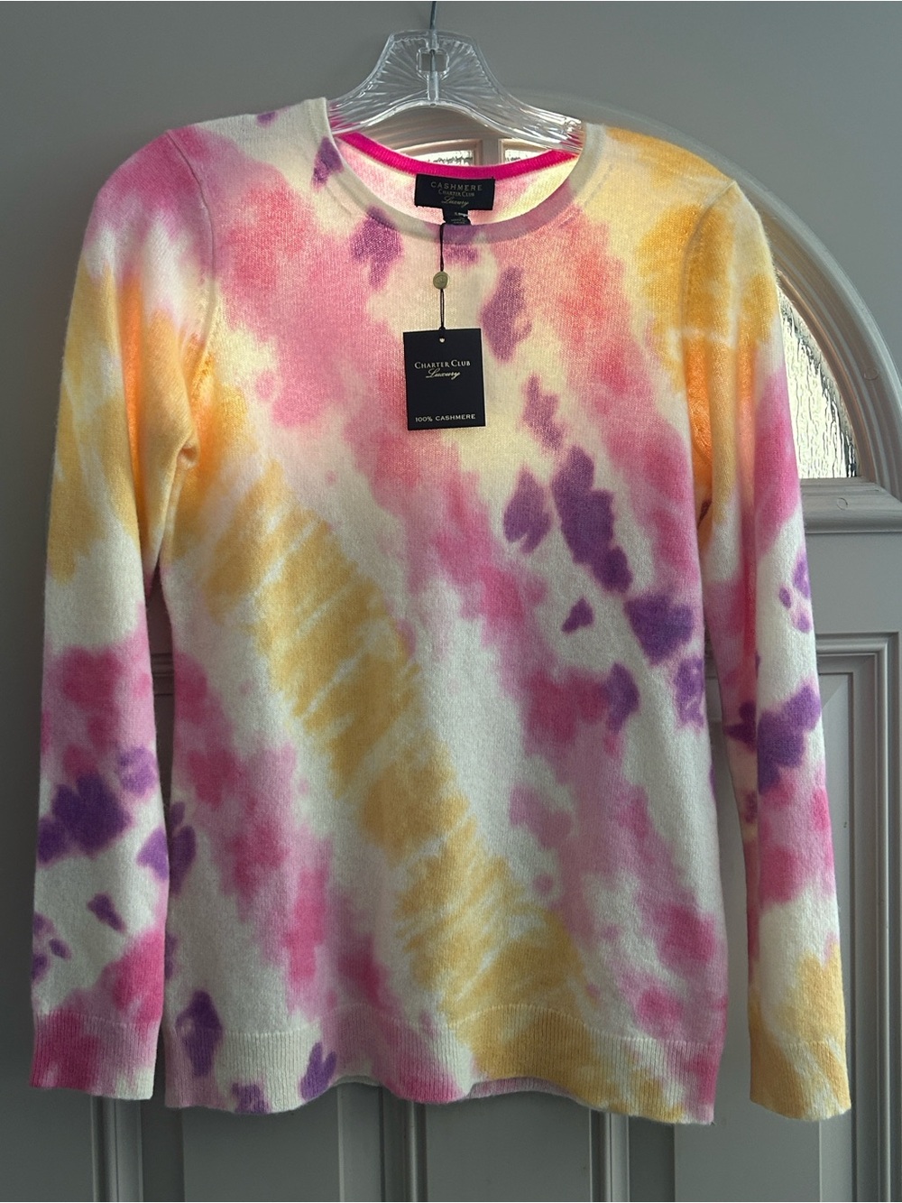 Charter Club Multicolor Mesh Tye Dye Crewneck Sweater in Pink, Purple and Yellow